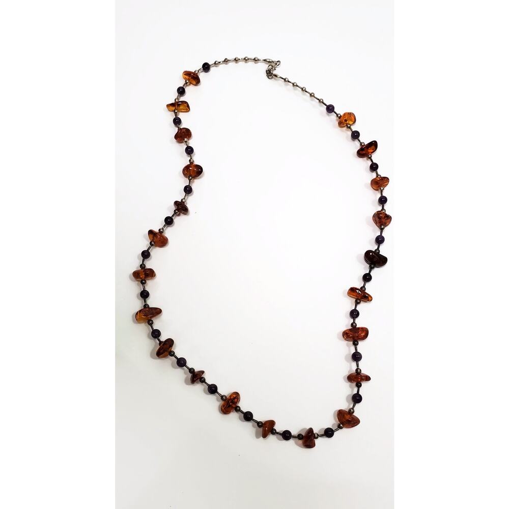 Vintage Amber Chip Amethyst Sterling Silver Bead Necklace 28"